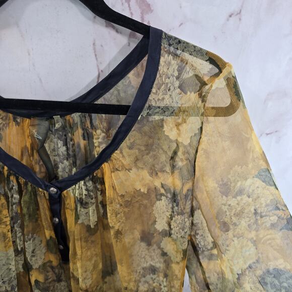 Arrata Silent Journey Shirt Womens Medium Silk Blouse Sheer Yellow Floral Button - Picture 13 of 14